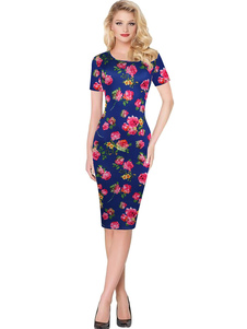 Robe crayon bleu à manches courtes imprimé Floral