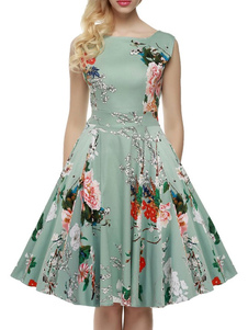 Bateau Floral Print Dress Vintage avec jupe ample