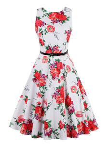 Robe Vintage blanc Floral imprimé sans manches Summer Party Dress