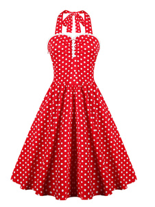 Pois rouges sangles boutons Vintage robe avec jupe ample