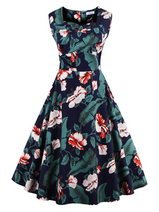 Robe sans manches Floral Skater impression robe Vintage