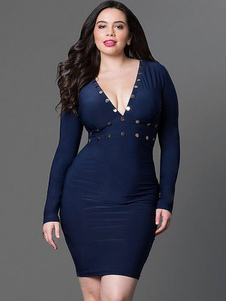 Manches longues col v clouté Plus taille Bodycon Dress