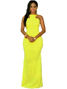 Jaune robe Maxi Halter Summer Party robe dos-nu