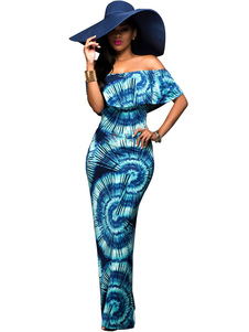 Robe Maxi bleue de l’épaule Ruffles robe longue Style Boho