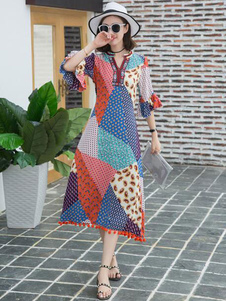 Décalage vers le rouge robe fleur imprimé Polyester demi-manchons robe d’été pour femmes