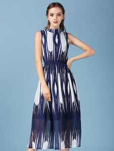 Robe d’été imprimée semi Sheer mousseline de soie plissée robe sans manches Stand collier féminin