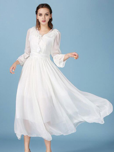 Robe Maxi couleur unie semi Sheer mousseline de soie femmes plissée robe d’été Sexy manches longues