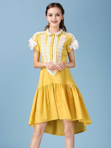 Robe d’été décontracté femmes Shift robe jaunes asymétriques manches courtes Polyester