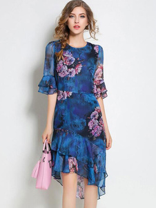 Robe d’été asymétrique mousseline de soie Ruffles robe bijou Sexy manches moitié féminin