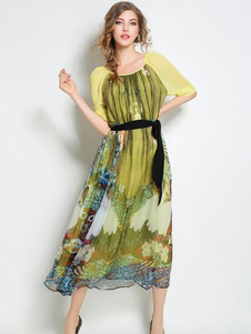 Vintage robe Maxi robe d’été jaunes manches moitié Polyester semi Sheer pour Wemen