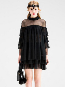 Femmes Shift robe manches longues semi Sheer hiérarchisé lacez vers le haut de robe d’été noir