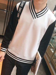 V Neck Sweatshirt pour hommes manches longues, T Shirt en noir/blanc