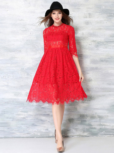 Robe en dentelle de femmes robe de Skater demi-manchon avec ceinture plissée