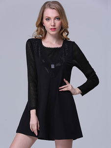 Une ligne robe manches longues noir/Bourgogne robe d’été