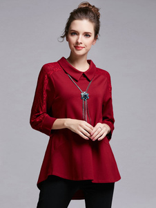 Casual chemisiers noirs manches longues plissé dentelle hautes basses Tops en mousseline de soie pou