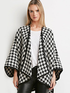 Houndstooth surdimensionnée col du manteau à manches longues