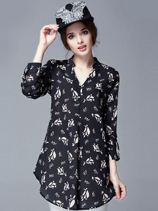 Manches longues féminin de chemise noire col v imprimé hautes basses chemisiers en mousseline de soi