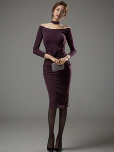 Wrap sexy robes collier torsadé Stand robes de couleur unie Off-the-Shoulder Long mince