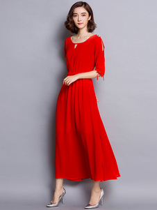 Noir/rouge robe Maxi moitié manches en mousseline de soie robe longue