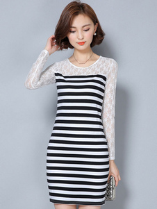 Robe d’été Mini manches longues en dentelle robe Bodycon rayée