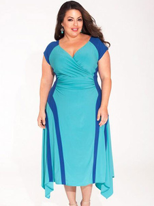 Été longue robe bleu V cou Maxi Dress grande taille