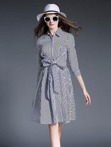 Robe chemise à rayures 3/4-Length manches avec détails de Bow