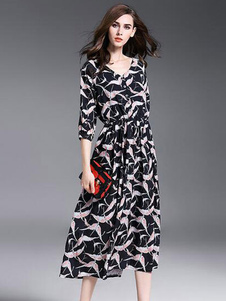 Col en v imprimé 3/4-Length manches robe longue