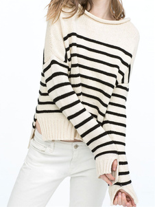 Chandails tricot rayures côté fente haute basse pull Casual chandails des femmes