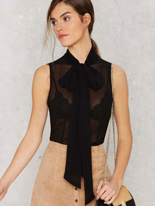 Les arcs sans manches col chemisier en mousseline de soie pure