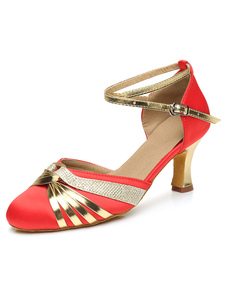 Slip de chaussures danse rouge sur bracelet de cheville ronde Toe bal talons hauts