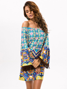 De l’épaule manches longues robe Tribal imprimé Tunique robe avec frange Trim