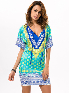 Élégente robe droite bohémien en coton mélangé bleu impression Droit traditionnel avec lacets col ro