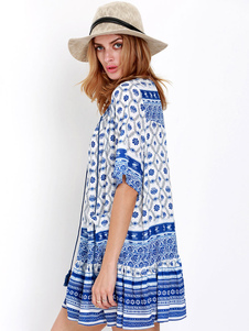 Robe à manches courtes blanc Boho imprimé Tribal