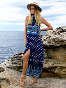 Boho robe sans manches High Split plage robe longue