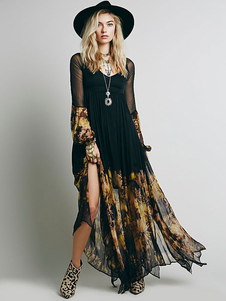 Robe Boho noire manches longues rayonne robe Maxi