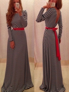 Robe longue V rayé manches longues retour robe Maxi