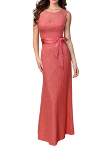 Élégante robe sans manches V longs dentelle robe