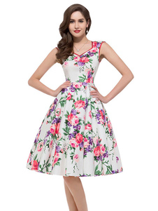 V blanc cou Floral robe imprimée Vintage