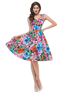 Colorfull fleurs imprimer Vinatge robe pour femmes