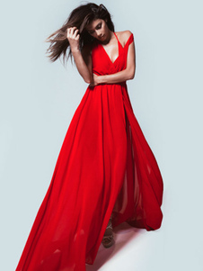 Robe longue en mousseline de soie robe sexy V-cou-Split haute