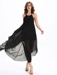 Split Backless sans manches plissées en mousseline de soie robe Maxi