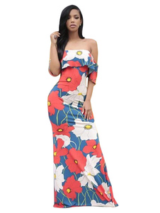 De l’épaule Floral Maxi robe Sexy rouge Backless robe longue féminine