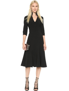 Patineuse noire robes Stand collier demi-manchon plissé robes Vintage