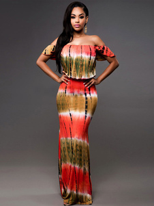 Robe Maxi femmes imprimé l’épaule Maxi robe