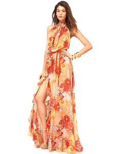 Robe longue orange en chiffon impression fendu