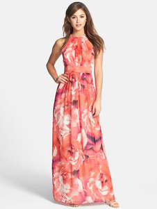 Robe longue orange en chiffon impression col rond