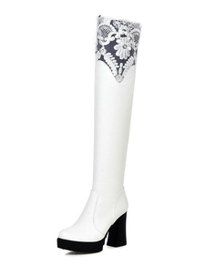 Plate-forme au-dessus du genou bottes de haut talon femmes Round Toe Lace Applique Long