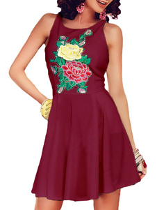 Mini d’été sans manches robe de Skater imprimé Floral en bleu/Bourgogne/blanc