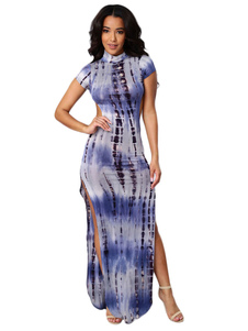 Col haut manches courtes Tie Dye Split robe longue