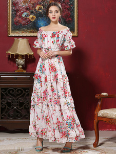 Au large de l’épaule mousseline moitié manches robe longue manches courtes